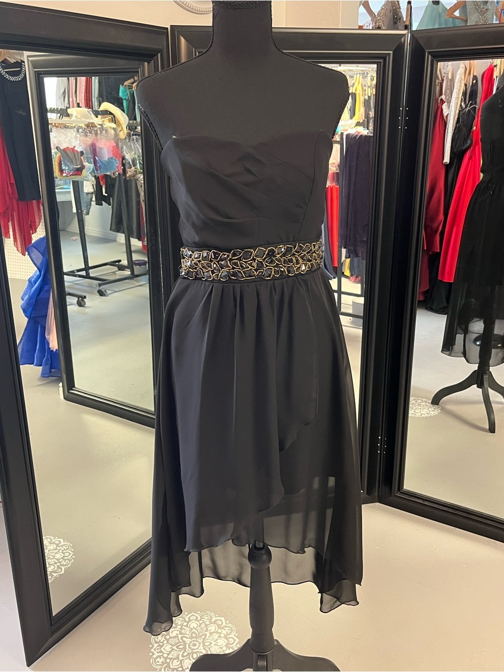 Trixxi Black Strapless High-Low Dress with Gold Embellished Waist